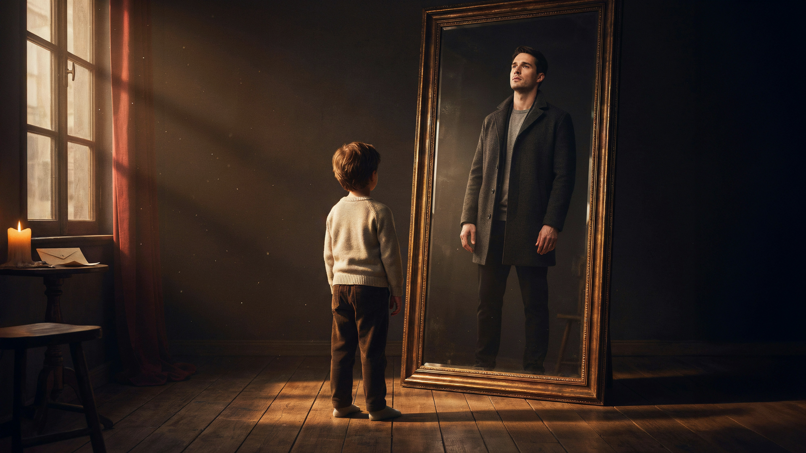 A young boy stands before a large mirror, and his reflection is the grown man he is becoming, in a warm candlelit room