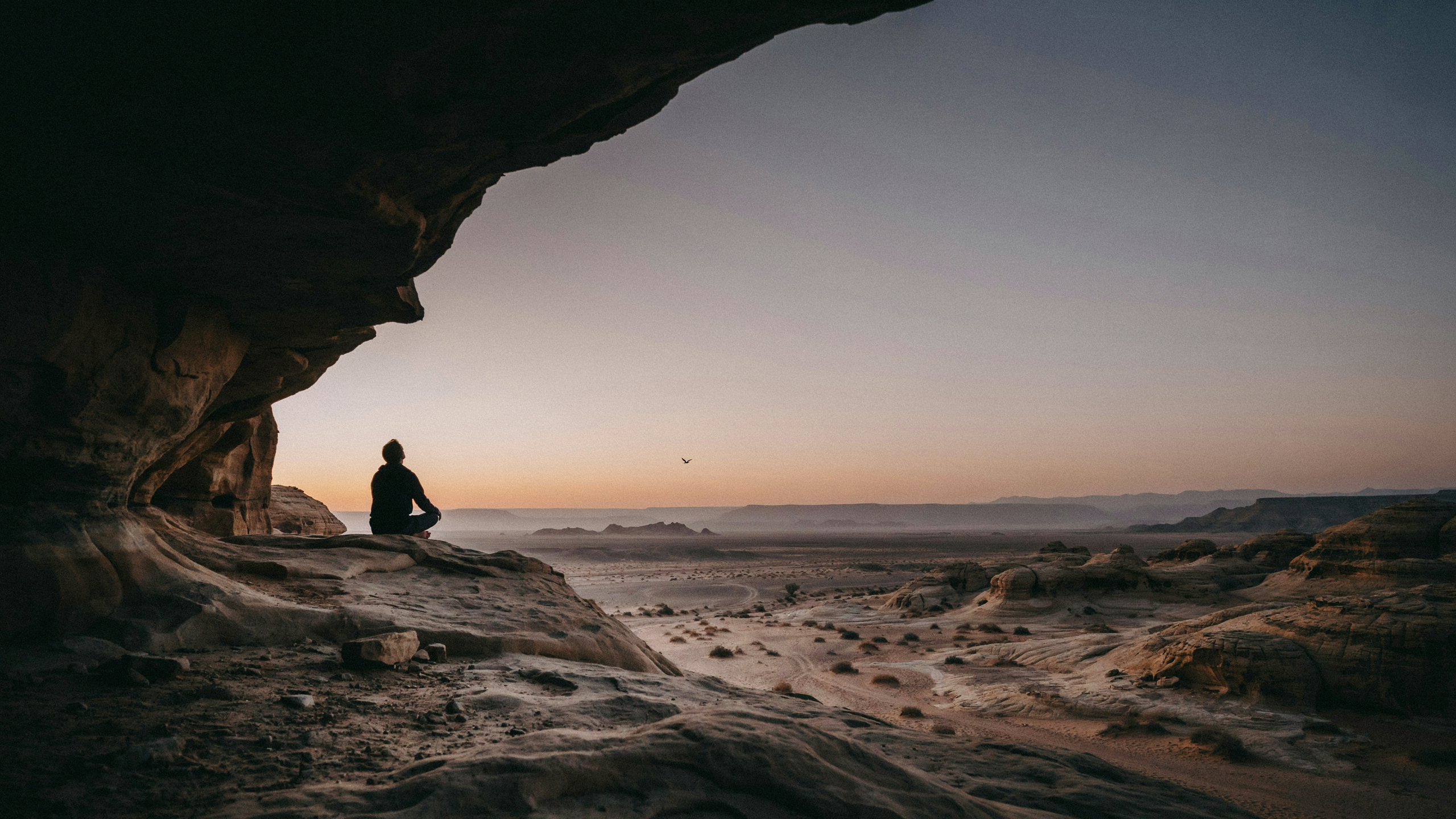 A lone figure in silhouette seated at the mouth of a cave, looking out over a vast desert as a copper dawn breaks on the horizon