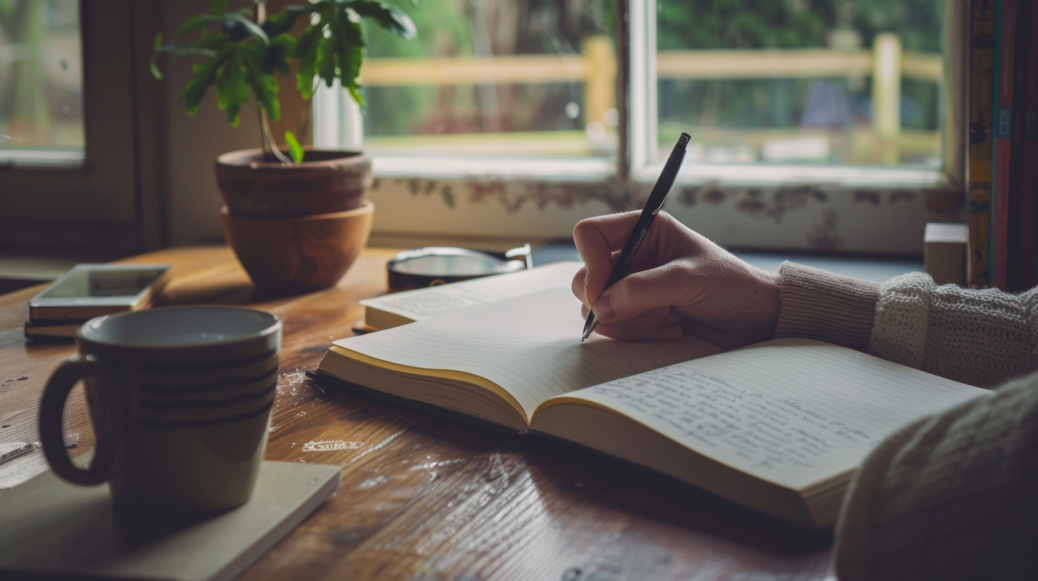 A hand writing thoughtfully in an open journal beside a window in soft morning light