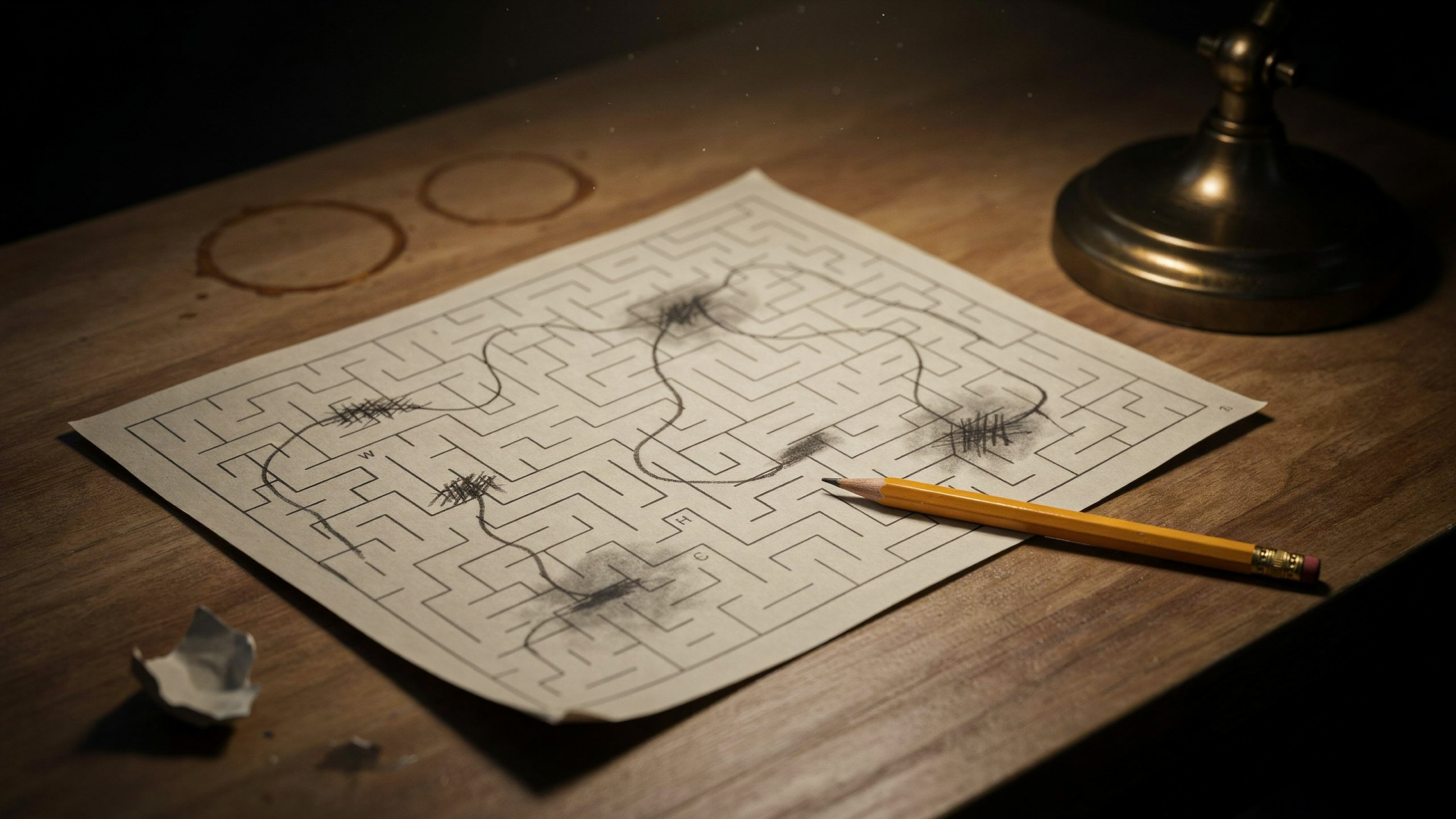 A worn paper puzzle-book maze on a warm wooden desk, covered in scribbled wrong-turn pencil lines and dead ends