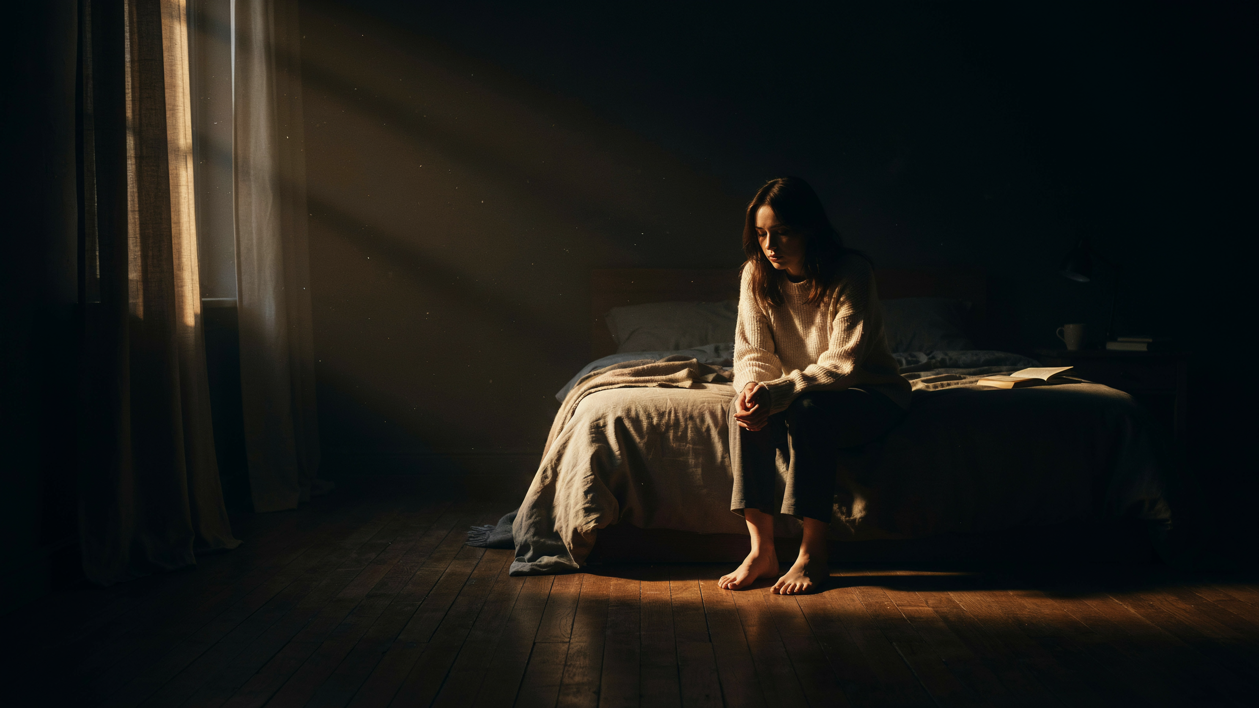 A woman sits alone on the edge of a bed in a dark room at night, head bowed, as a single shaft of warm morning light falls across the floor to her bare feet
