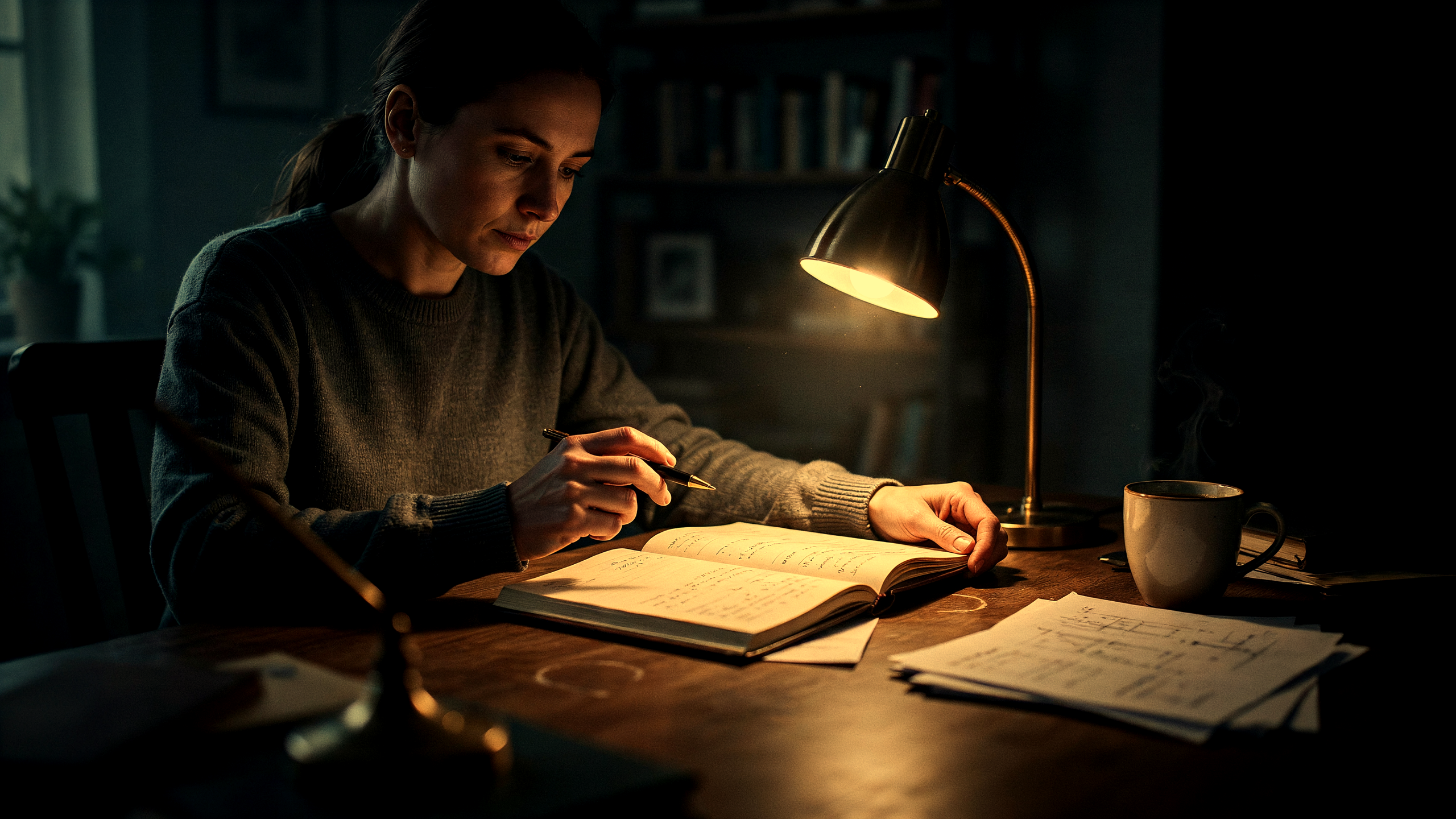 A person sits alone at a desk under a warm lamp late at night, reviewing and annotating a journal, studying honestly what happened