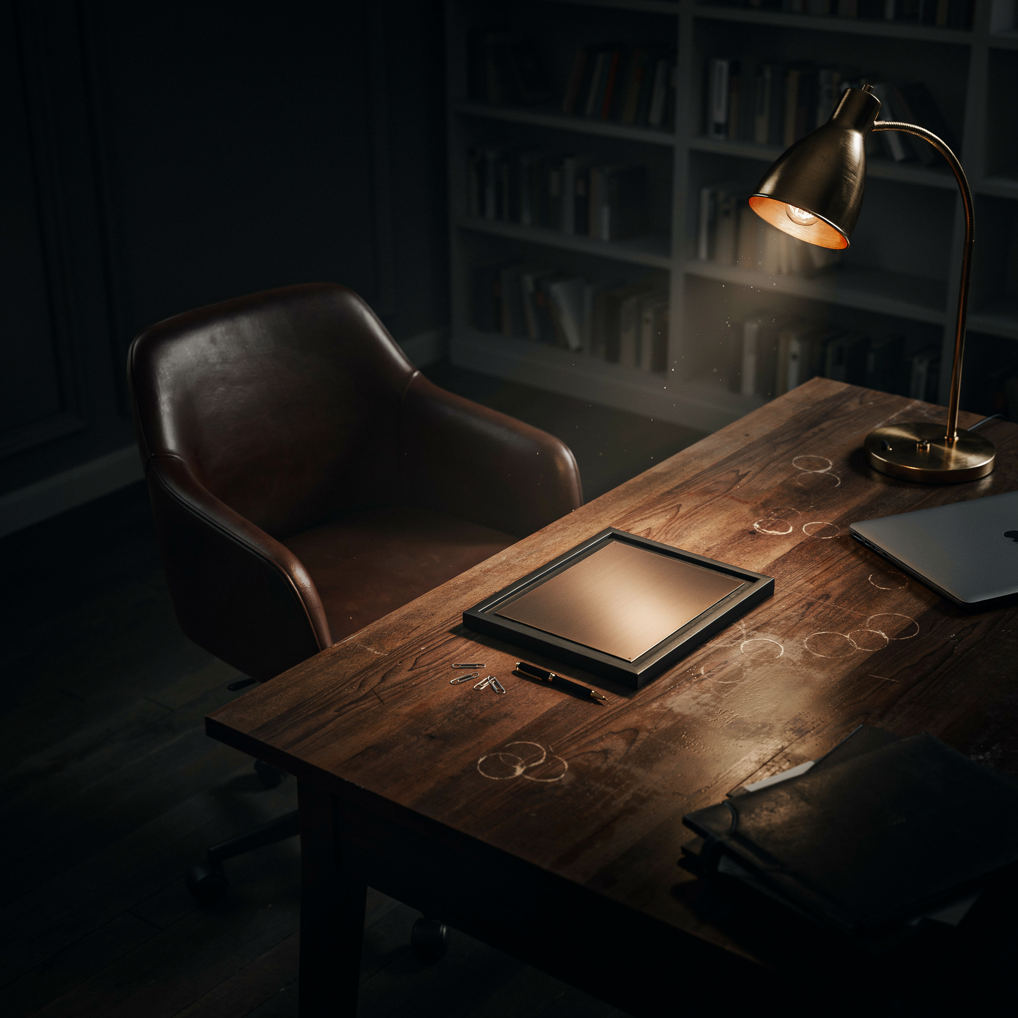 An overhead view of an empty office desk at night. A blank award plaque lays face-up beside a closed laptop, scattered coffee ring stains marking years of long hours. The leather chair is pushed back and empty. A single warm brass lamp casts golden light over the scene.