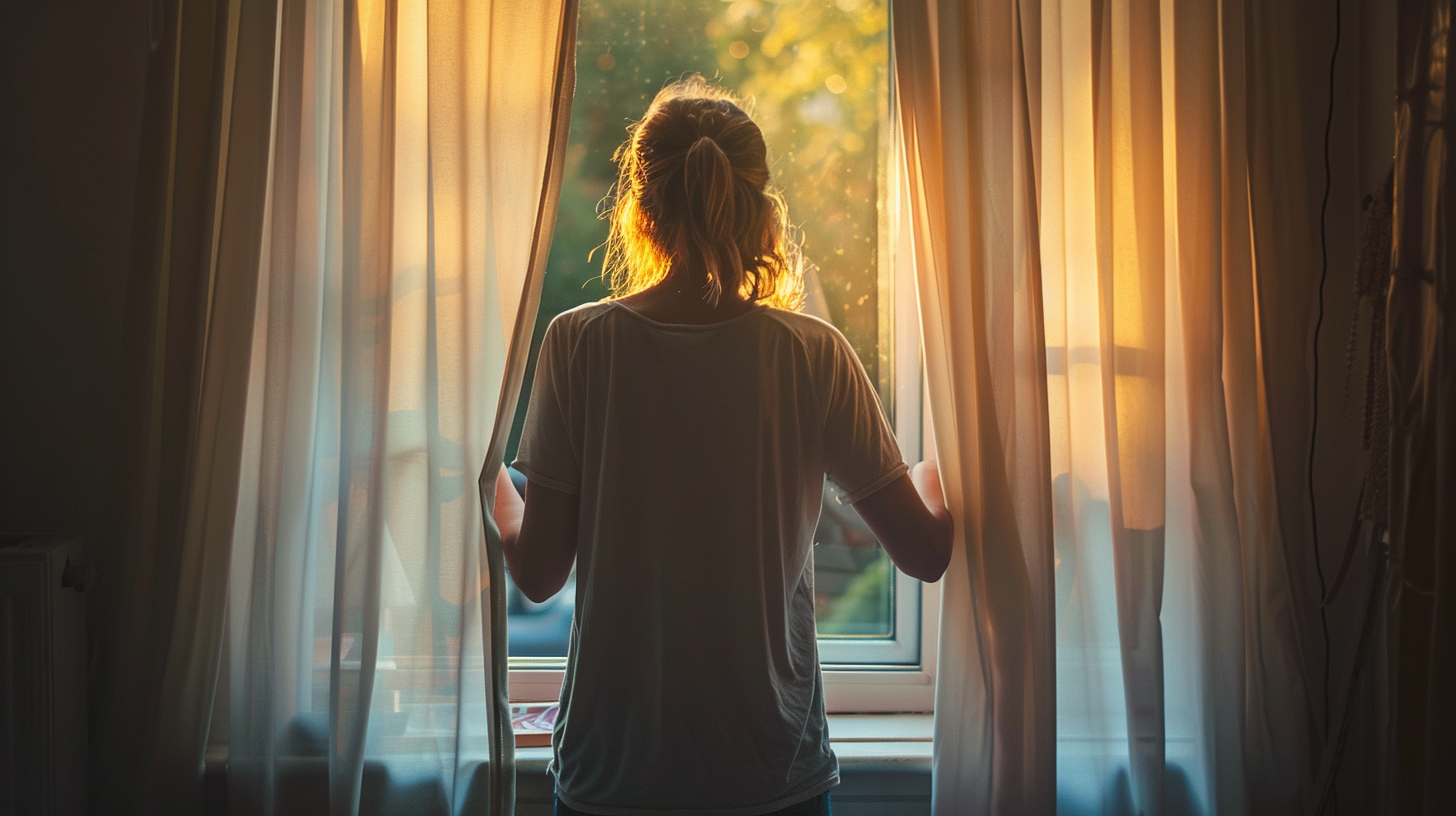 A woman standing at a window in soft morning light, the quiet moment of having survived the night and stepping into a new day