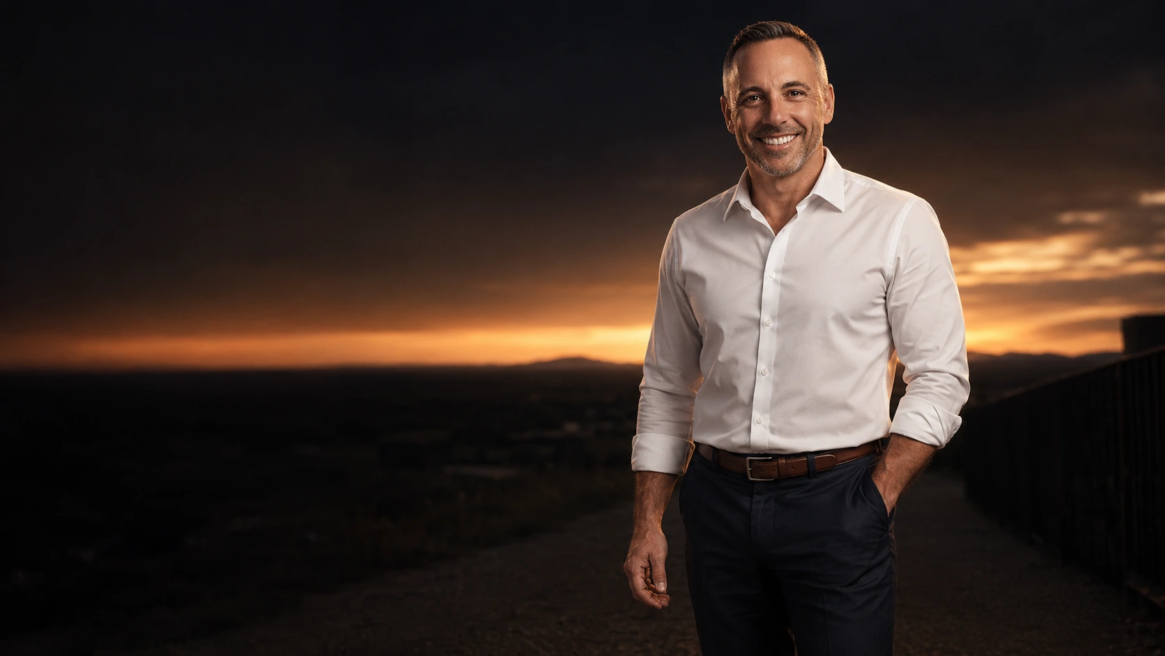 Matthew A. Buckley standing at sunset, hands in pockets, city lights below
